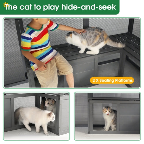 Outdoor Wooden Cat House wit Bouncy Bridge and 2 Seating Platforms