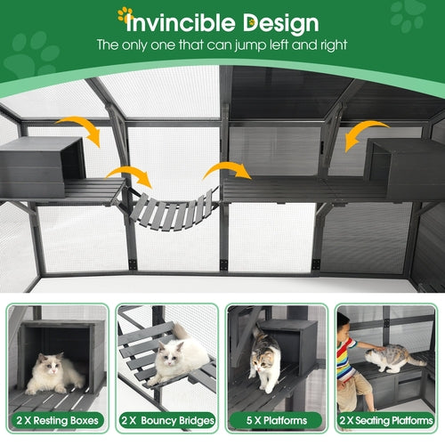 Outdoor Wooden Cat House wit Bouncy Bridge and 2 Seating Platforms