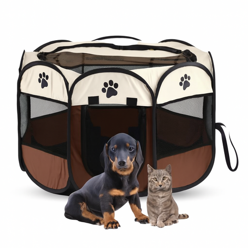 Foldable Pet Playpen – Red & Black Mesh Crate for Dogs & Cats- L-White